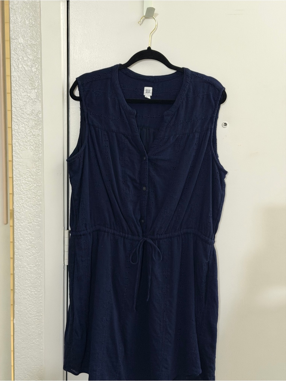 GAP Navy Eyelet Sleeveless Button-Front Drawstring Dress